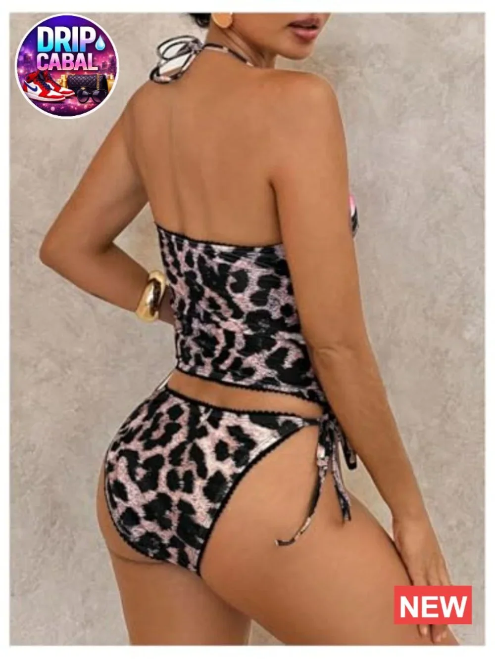 Women's 2 Piece Leopard Floral Tankini Set Halter Tie Side String Bathing Suits